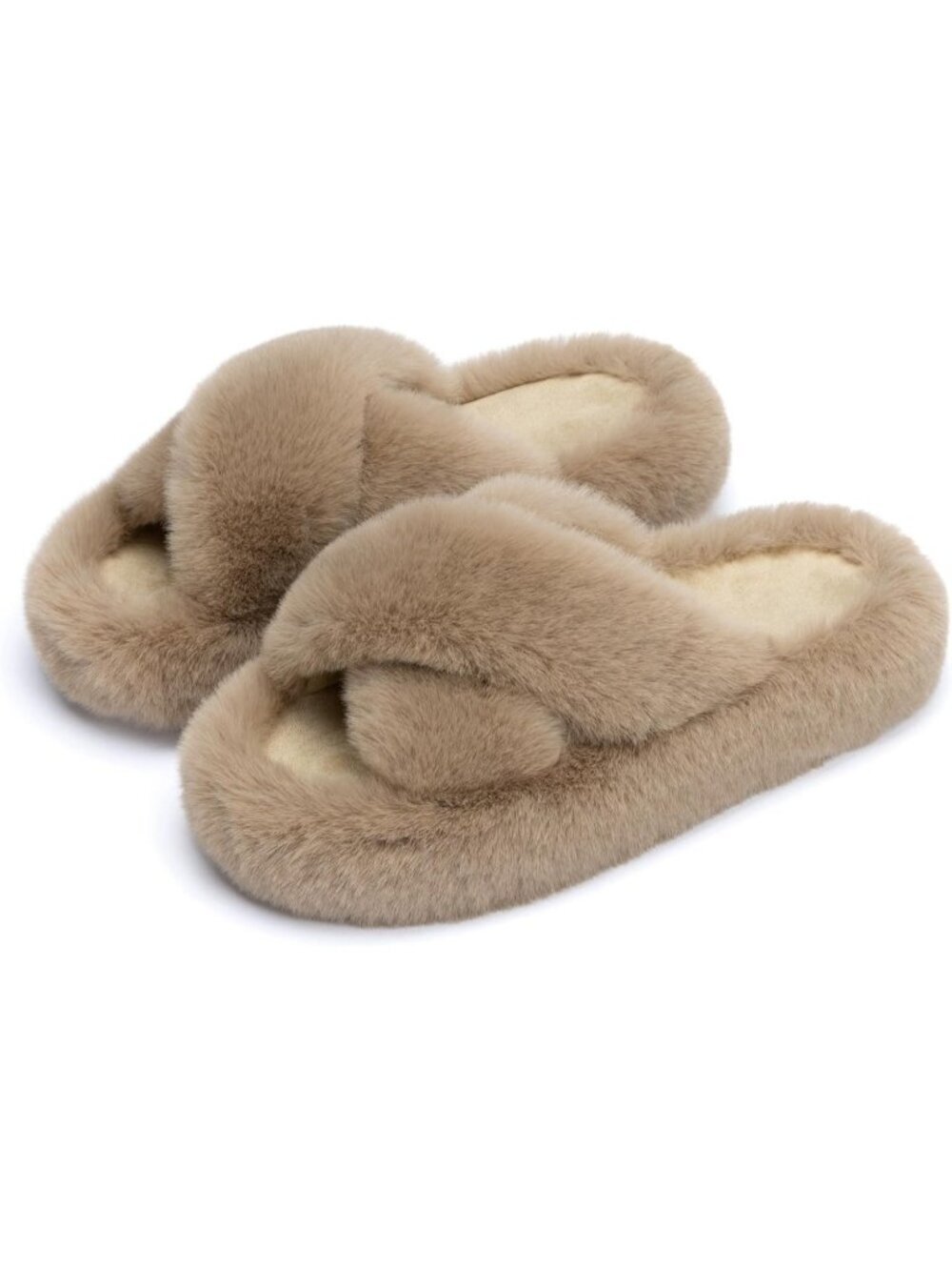 Women's Light Brown Cross Breathable Foam Faux Fur Lined Open Toe Slipper Shoes